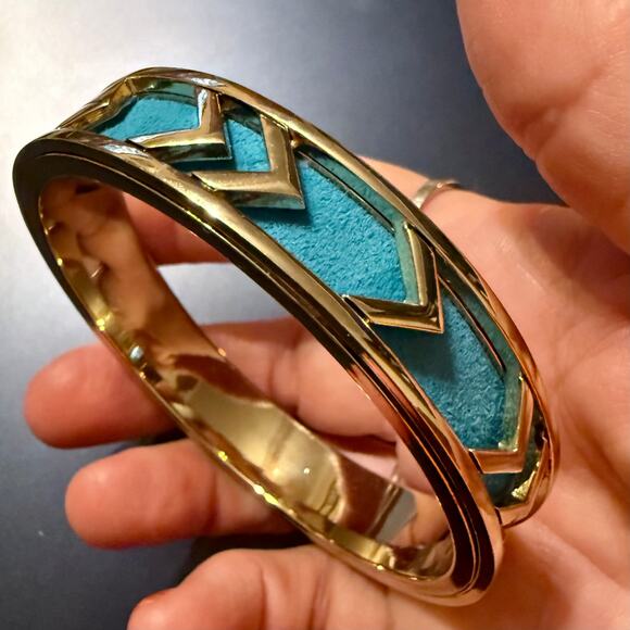 House of Harlow 1960 Aztec Blue Leather Gold Tone Bracelet - Picture 1 of 8